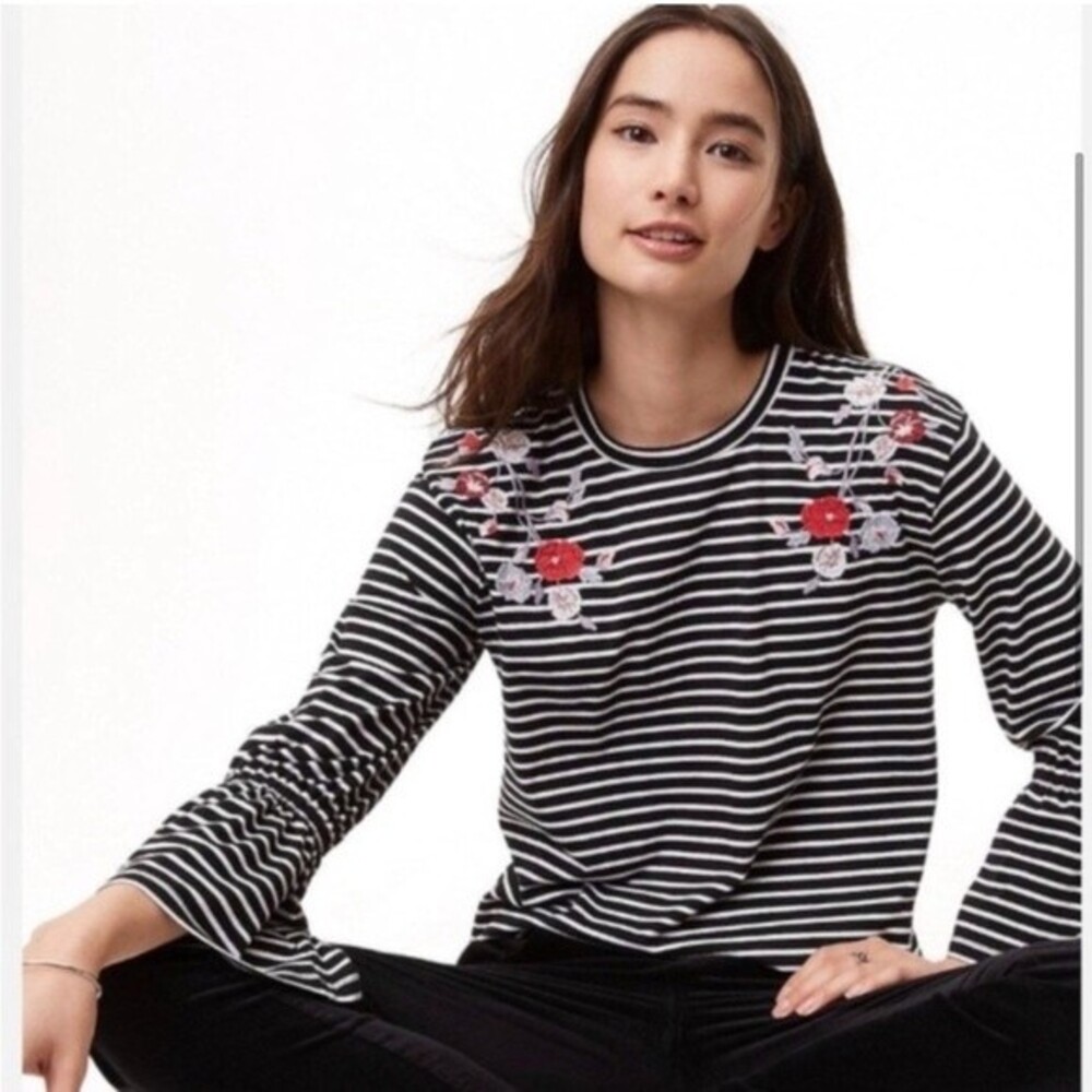 Loft Striped Long Sleeve Blouse Size Small Floral Embroidery Detail